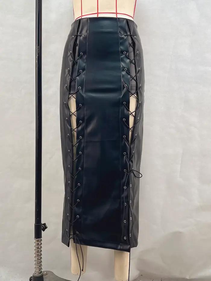 Jupe longue en cuir à lacets noirs sexy pour femmes