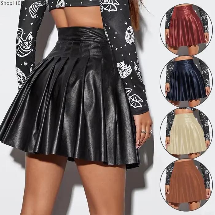 Mini-jupe plissée sexy en similicuir pour femme
