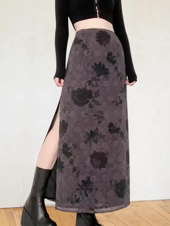 Jupe longue taille haute à fleurs pour femmes