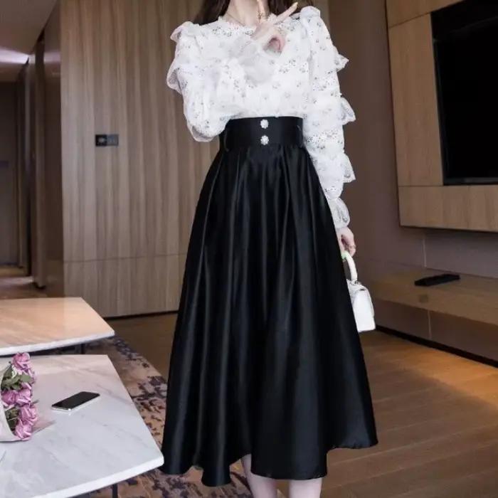 Jupe midi noire taille haute pour femme