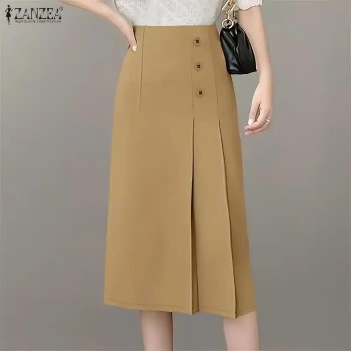 ZANZEA Jupe Midi Unie d'Été Élégante pour Femme, Taille Haute, Plissée, Style OL, pour Soirée et Travail, Grande Taille