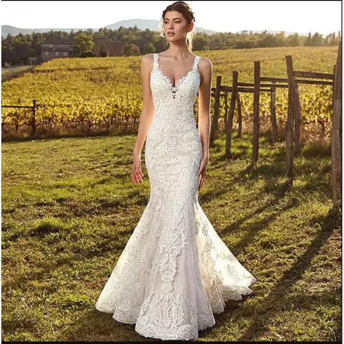 Robe de mariée sirène sexy à col en V et fines bretelles, style français amincissant et élégant, avec effet de transparence, personnalisable