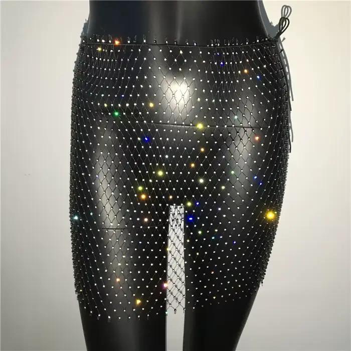 Mini jupe résille blanche et noire pour femmes strass scintillants mode boite de nuit soirée plage style décontracté