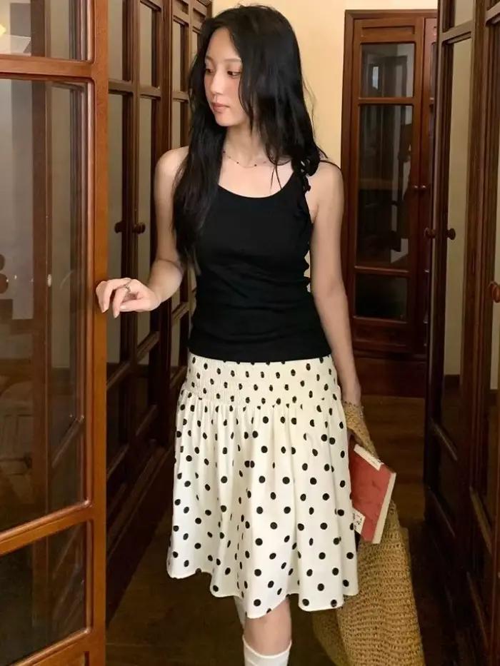 Deeptown Jupes à pois style coréen pour femmes, élégantes et douces, jupes à volants Y2K, vintage, estivales, coupe trapèze mi-longues, esthétique