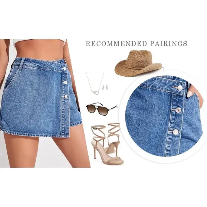 Jupe-short en jean taille haute pour femme avec détail boutonné asymétrique et ourlet effiloché – Tenue décontractée et tendance pour l'été