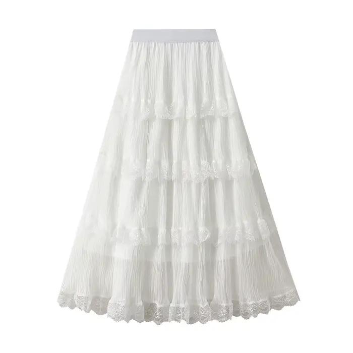 Fée plissée maille gaze Patchwork dentelle jupe femmes mode 2025 printemps été nouveau taille haute décontractée tout-match gâteau jupes