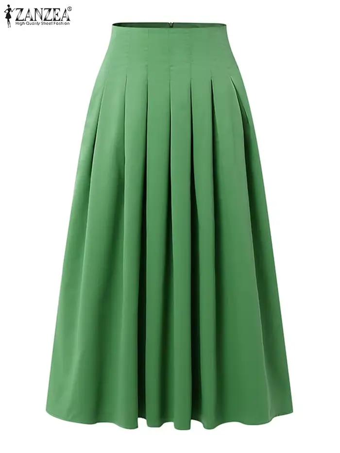 Mode femmes jupes longues ZANZEA été solide Jupe plissée Eelgant une ligne fête travail robes taille haute Faldas Saia