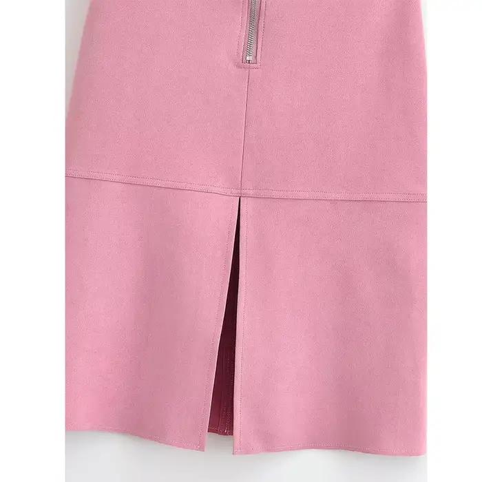 YENKYE Jupe midi rose en faux daim pour femme, avec fente avant et fermeture éclair, élégante, pour le bureau et le travail