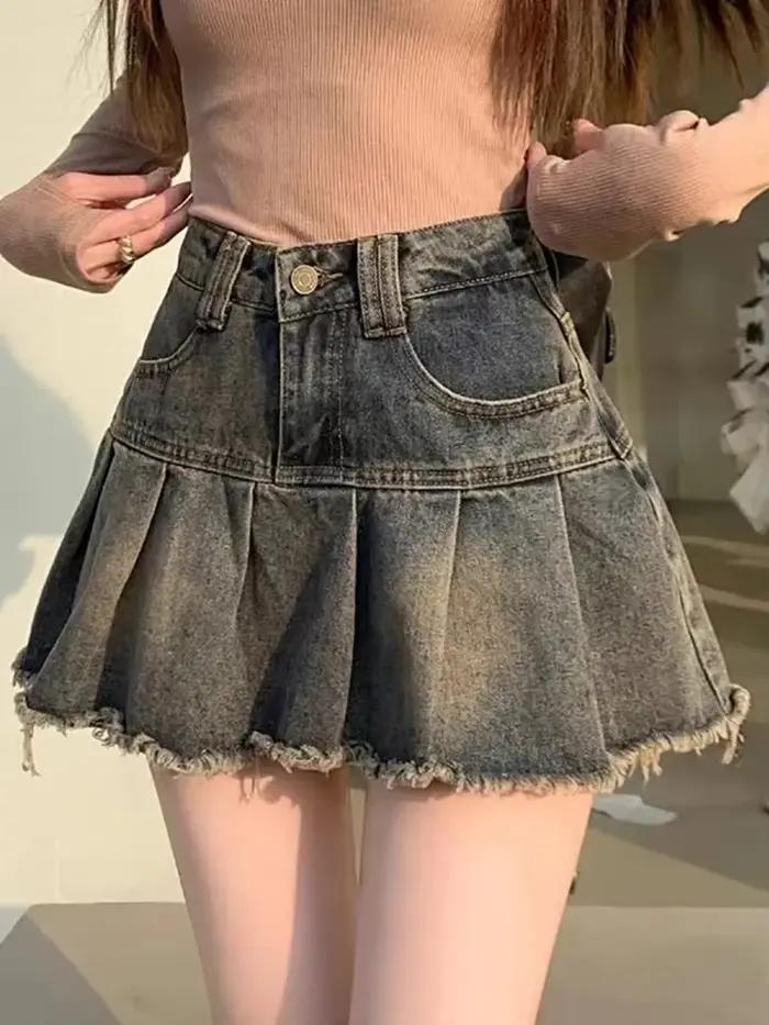 Vintage Denim jupes plissées femmes doux coréen taille haute Sexy Mini