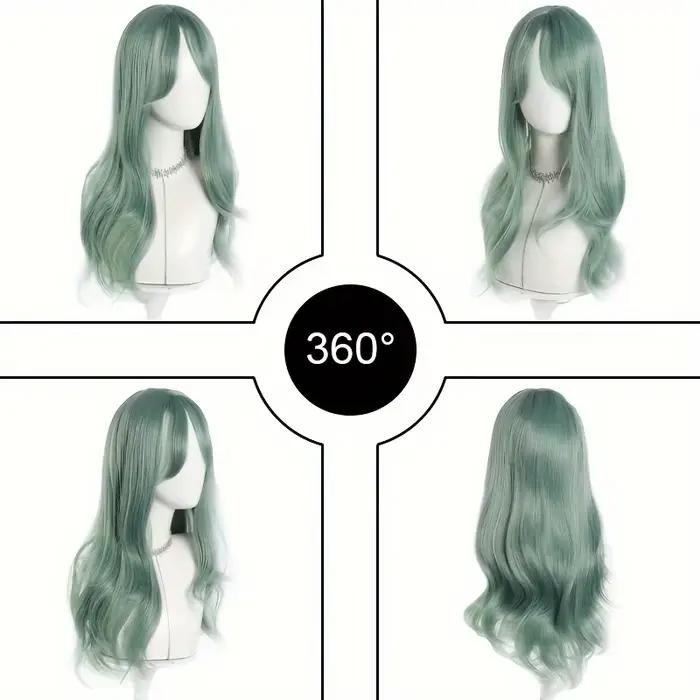 Perruque synthétique longue ondulée vert menthe pour femme avec frange naturelle à la raie centrale, idéale pour cosplay, fêtes et usage quotidien