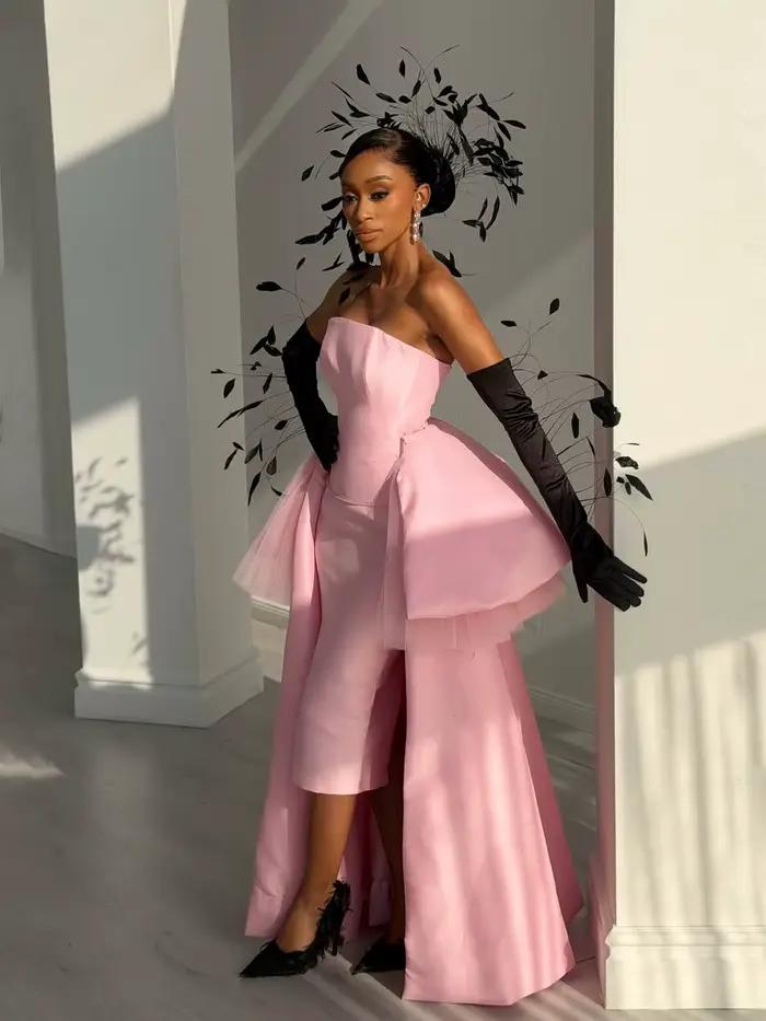 Superbes robes de soirée roses pour femmes, avec traîne détachable, sans bretelles, longues, formelles, à lacets dans le dos, plusieurs couleurs disponibles