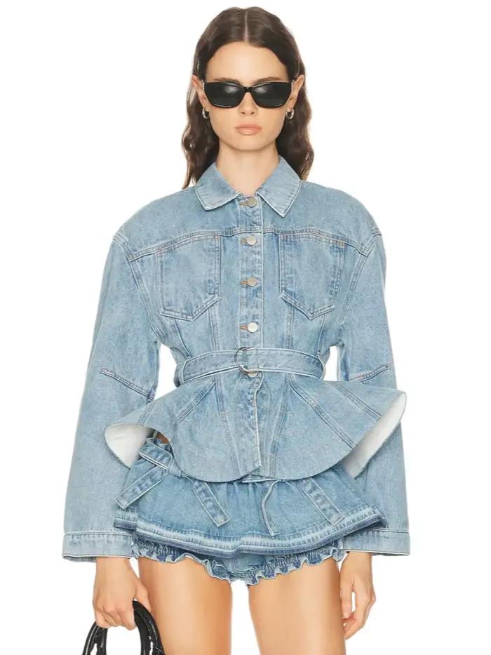 Ensemble deux pièces en jean pour femme : veste sexy à manches longues avec ceinture et short à nœud – Tenue de soirée et cocktail