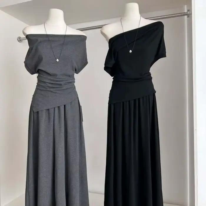 Ensemble deux pièces style coréen pour femme : haut asymétrique et jupe midi taille haute
