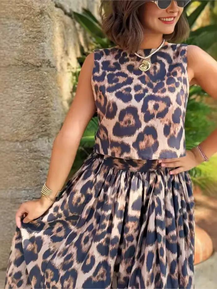 Tendance imprimé léopard jupe deux pièces ensemble femmes sans manches dos nu léopard haut court taille haute a-ligne jupes 2 pièces ensembles nouveau