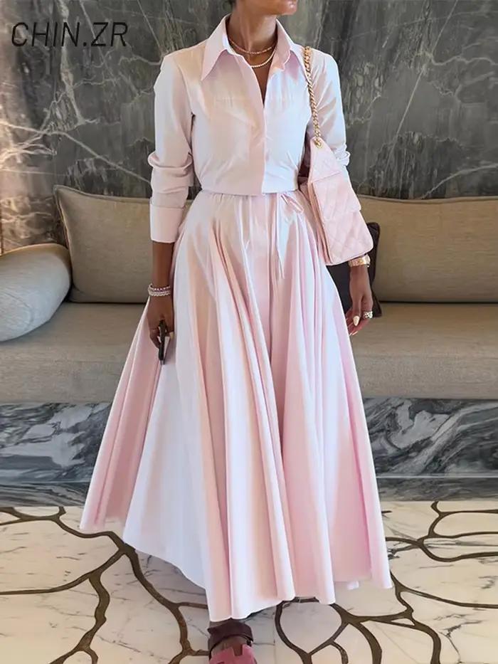 Ensemble élégant chemise et jupe pour femme, chemisier à revers avec boucle dissimulée, jupe longue plissée trapèze, collection Printemps 2026, ensemble 2 pièces pour le bureau
