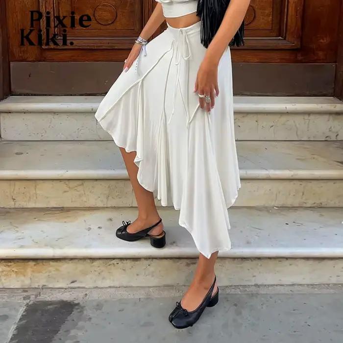 PixieKiki – jupes mi-longues élégantes et irrégulières pour femmes, jupe blanche fluide à taille basse, P77-CG28