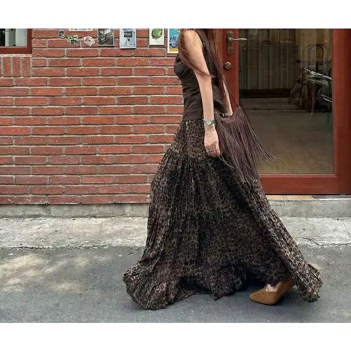 Vintage Leopard Print Skirt High Waist A-shaped Skirt