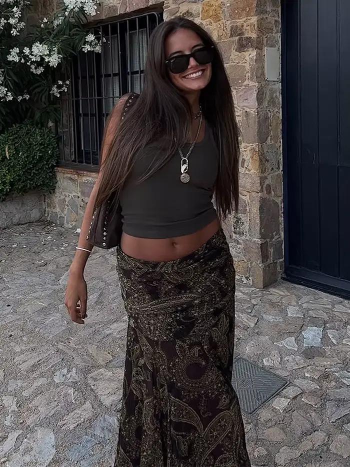 Jupe longue trapèze plissée imprimée pour femme