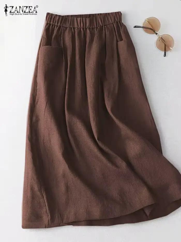 ZANZEA femmes une ligne coton Jupe taille élastique