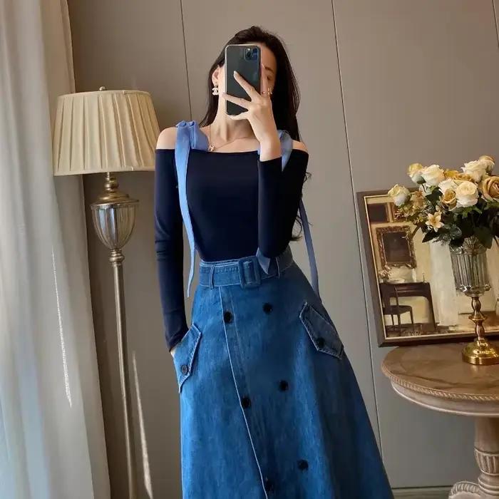 Jupe en jean longue avec poche pour femme