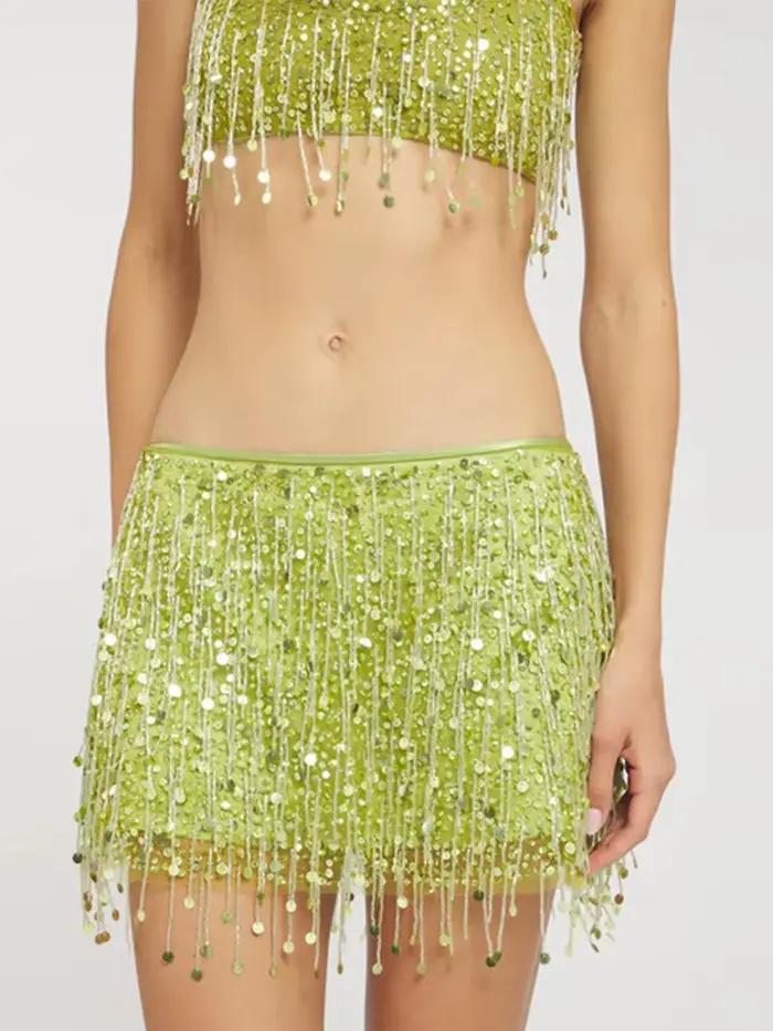 Ensemble jupe courte à franges et paillettes