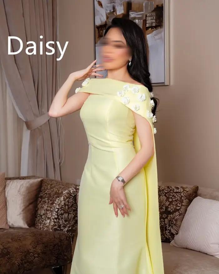 Robe de soirée fourreau longue pour fête de mariage, sur mesure, fleurs jaunes, sans bretelles, châles, tenue pour femme saoudienne, personnalisée