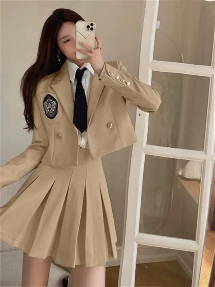 Xgoth Style Preppy jupe ensemble dames Blazer costume + chemise unie avec cravate + taille haute