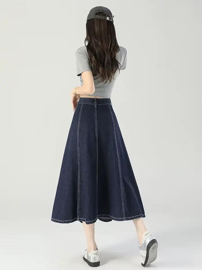GUUZYUVIZ bleu profond taille haute Vintage a-ligne Denim Midi jupes femmes mode coréenne décontracté épissure lavage jean jupe femme