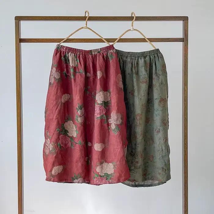 Femmes coton lin jupe décontractée nouveau 2025 printemps Style Vintage imprimé fleuri ample confortable femme a-ligne jupes longues M980