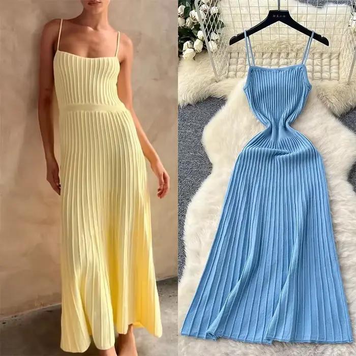 Robe longue plissée tricotée, taille haute, mi-longue, écharpe, élégante, sans manches, jaune, Streetwear, noire, moulante