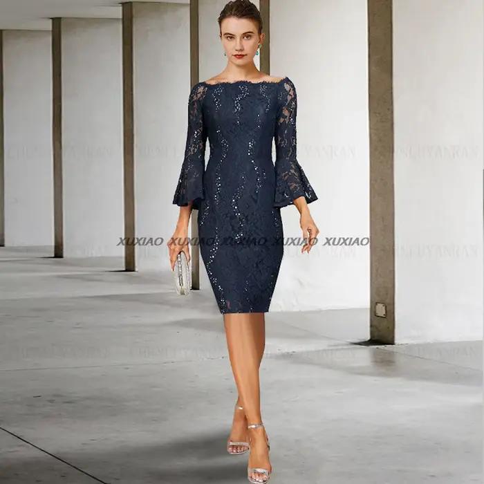 Robes mère de la mariée courtes bleues en dentelle et mousseline de soie