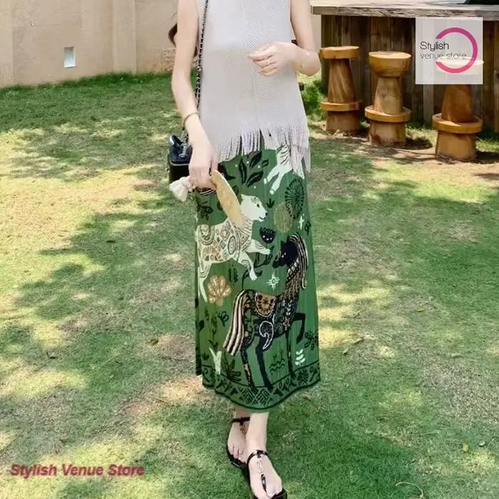 Jupe décontractée droite pour femme, style coréen, verte, motif dessin animé, design estival, taille haute, fendue, imprimé contrastant, élégante