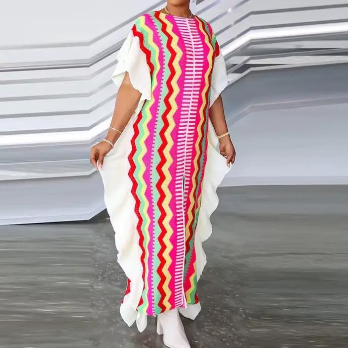 Robe de plage tendance à volants, col rond, manches courtes, coupe ample, longue et irrégulière, imprimée à rayures, tricotée, pour femme, été