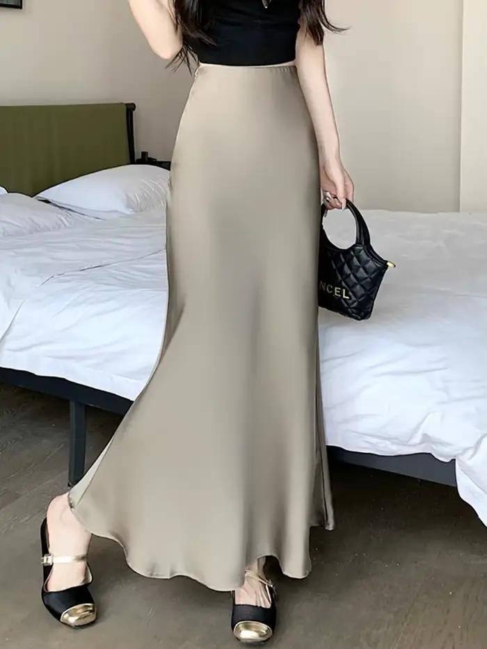 Jupes longues en Satin élégantes pour femmes, vêtements de mode coréenne, taille haute élastique, jupe noire, Streetwear d'été, jupe Midi trapèze, 2025