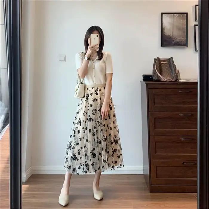 Maille jupe florale femmes 2023 printemps été automne longue gaze