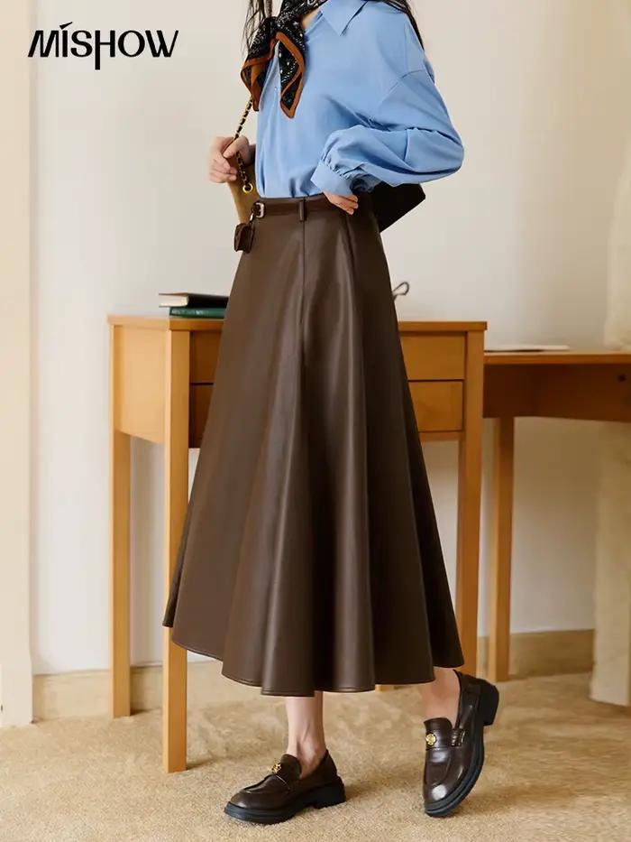 Jupe en cuir PU élégante pour femmes, style rétro, couleur café, mi-mollet, coupe régulière, automne-hiver, MISHOW
