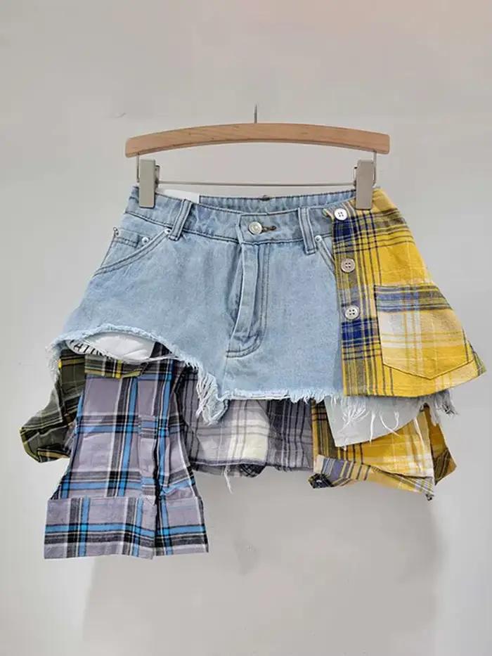 DEAT – jupe en jean pour femmes, Patchwork à carreaux colorés, déconstruit irrégulier, ligne a, taille haute, Mini jupe, nouvelle mode printemps 2026