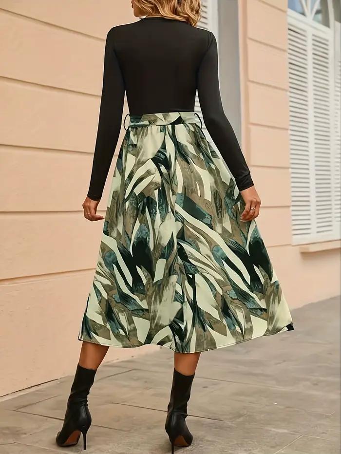Jupe midi femme imprimé botanique vert taille haute avec nœud ourlet asymétrique coupe trapèze pour printemps occasions spéciales