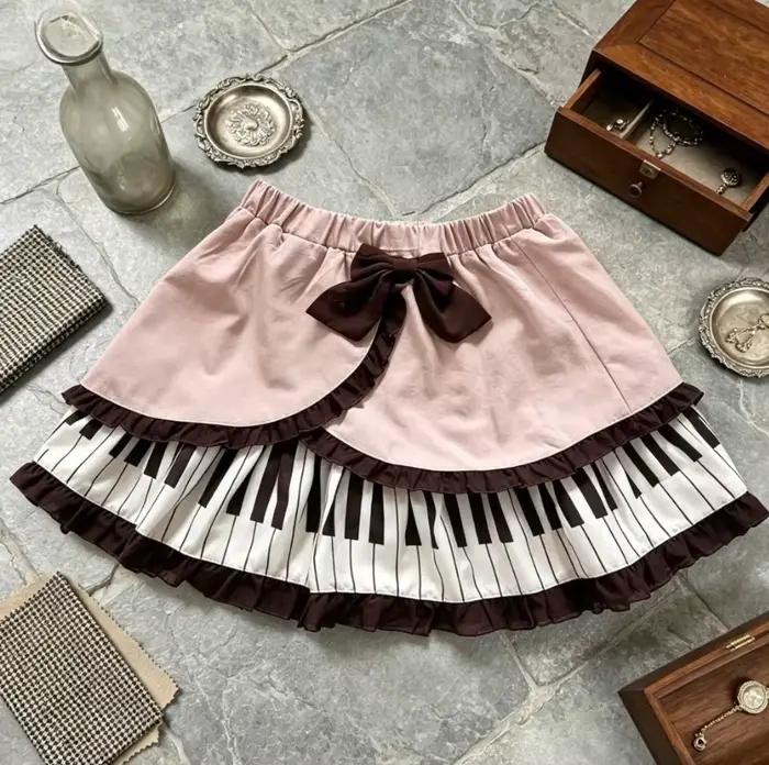 Jupe Courte Élégante Française 2026 Y2K Imprimé Piano Volants Dentelle Mini