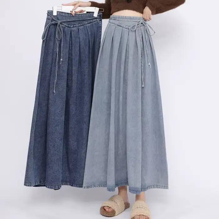 Corset à lacets Midi jupes longues femmes printemps été Style coréen Vintage taille haute Jean jupe a-ligne à volants