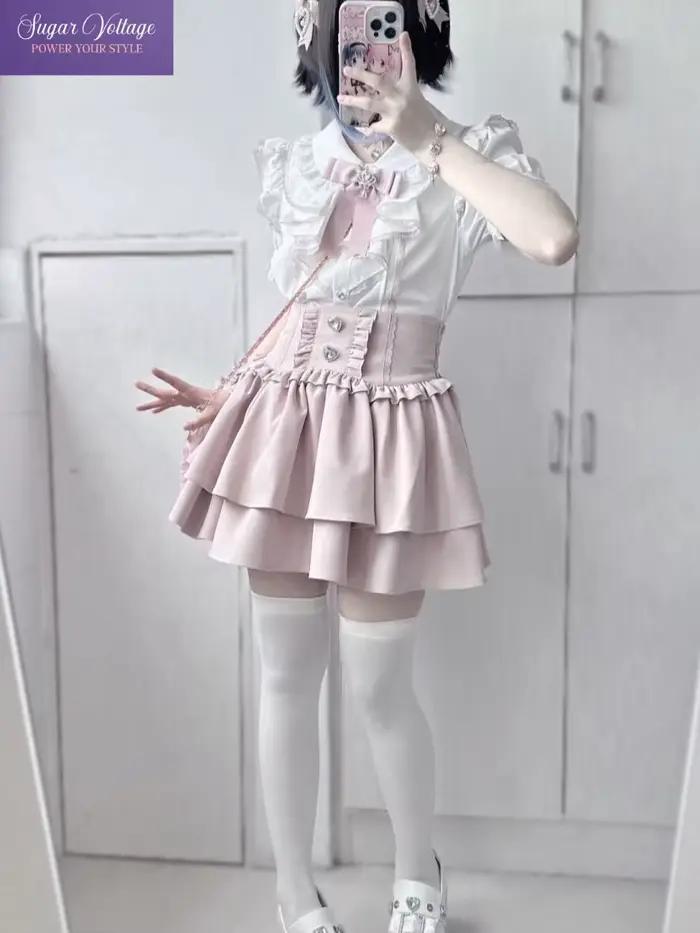Japonais mignon doux Y2k Lolita gâteau jupe femmes taille haute strass Plaid à volants couches jupes Kawaii a-ligne Mini jupes polyester volants fantaisie occassions spéciales