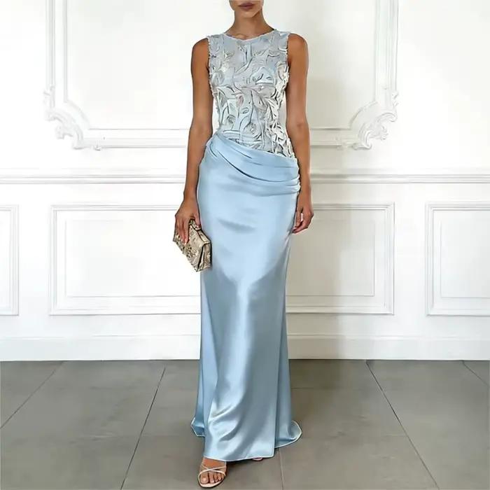 Robes de soirée roses élégantes pour femmes, col rond, sans manches, longueur au sol, avec appliques, pour occasions spéciales, robes de bal, Vestido