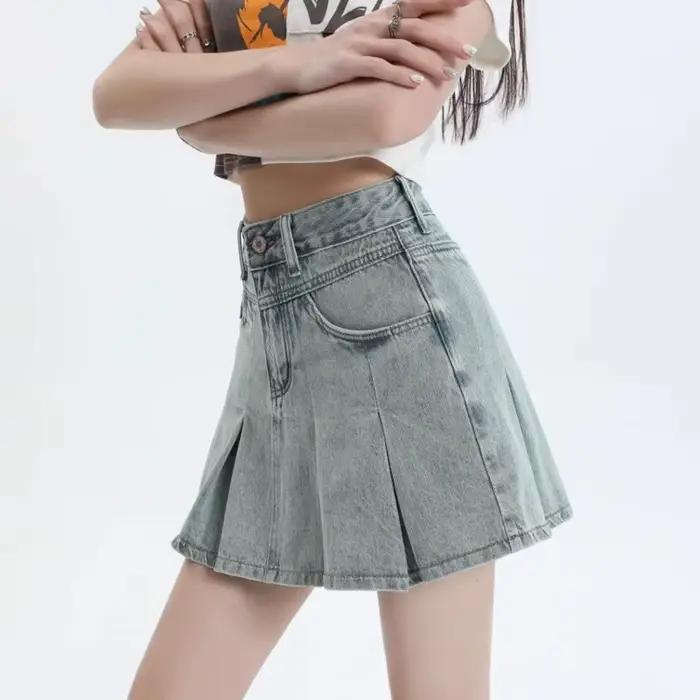 Mini-jupe en jean rétro américaine pour femme, style estival fin, taille haute, amincissante, courte, plissée, coupe trapèze, style frais et doux