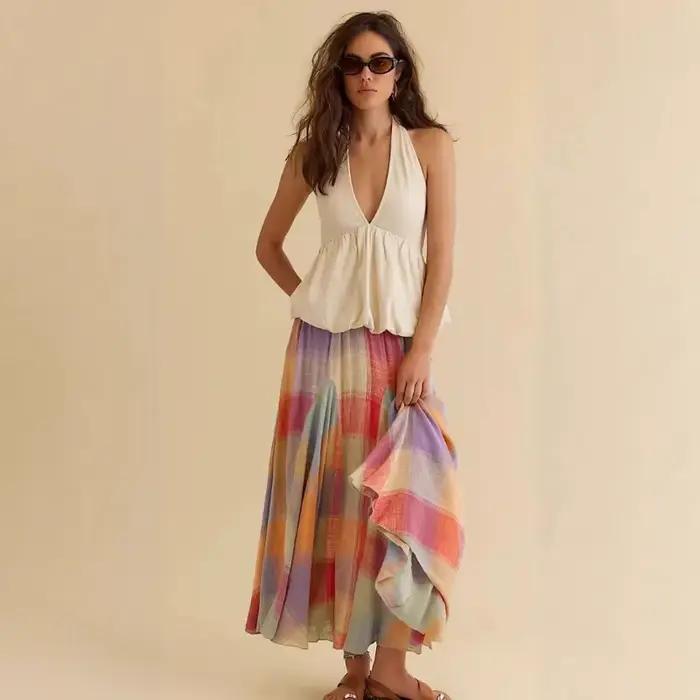 Jupe plissée à carreaux colorés pour femmes, élégante, Y2K INS Mori Girl, taille haute, ample, vacances d'été, jupe longue, Streetwear