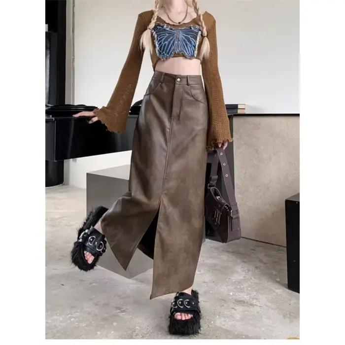 Jupe mi-longue en cuir pour femmes