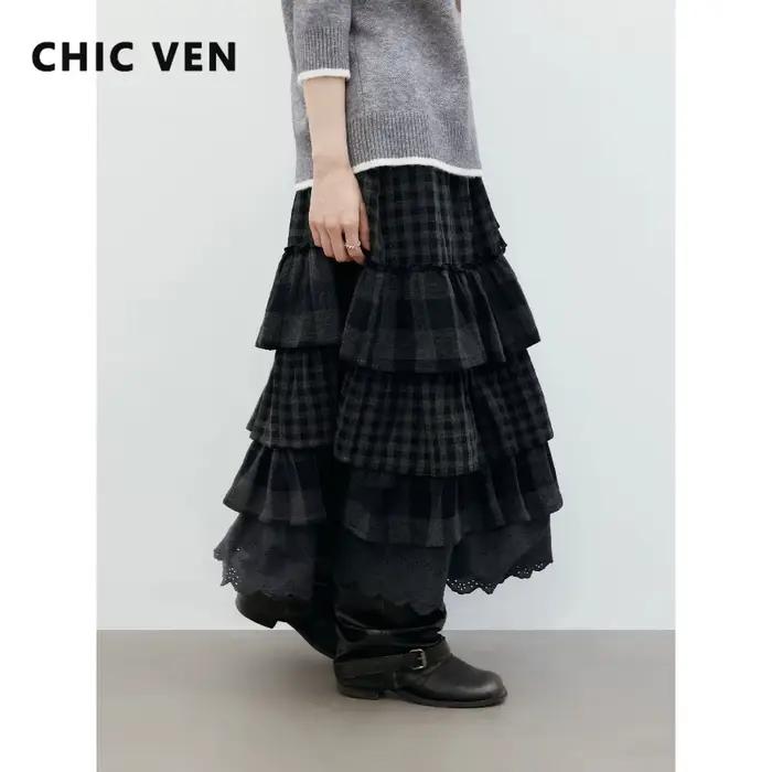 CHIC VEN – jupes coréennes pour femmes, nouvelle jupe longue multicouche rétro, taille haute, demi-longueur, vêtements automne hiver 2026