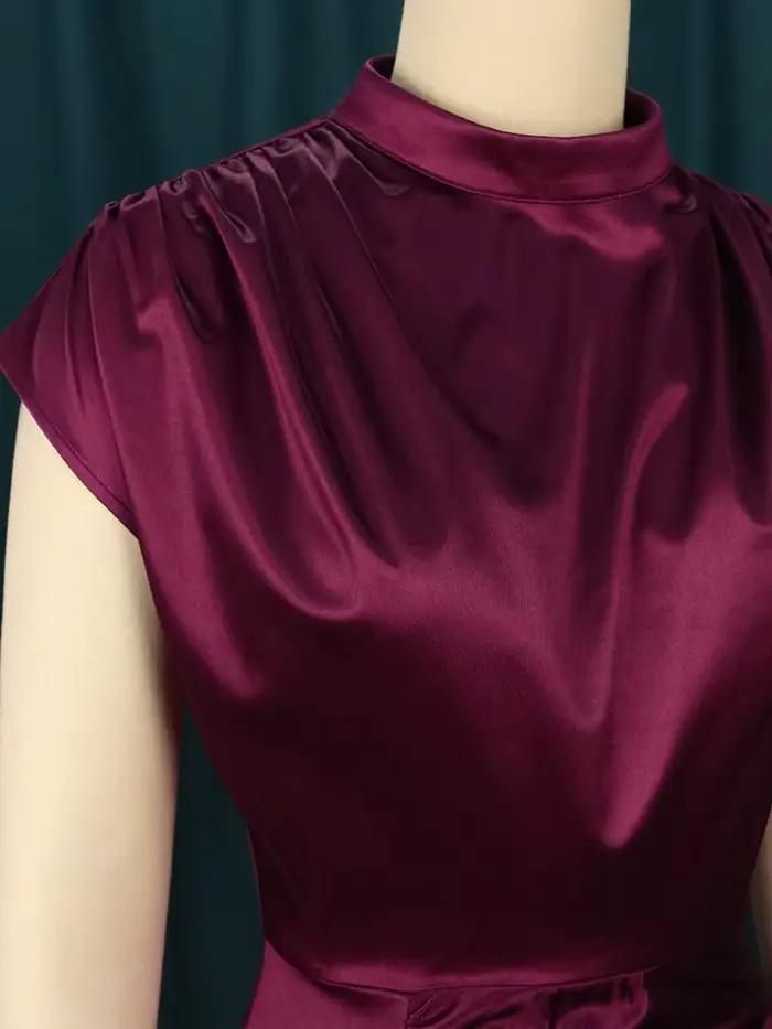 Robe Longue Plissée en Satin Vert Bordeaux pour Femme
