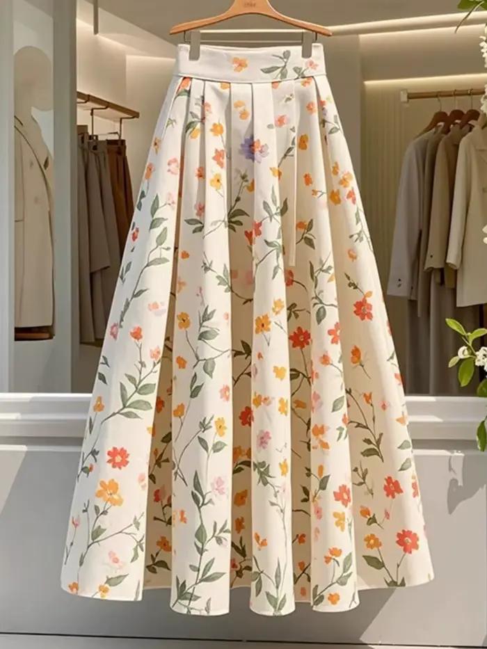 Jupe longue florale élégante pour femme, taille haute, décontractée, style coréen, printemps-été, polyvalente