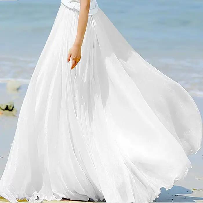 Jupe longue en mousseline de soie pour femmes, taille haute, longueur au sol, à volants, blanc, été, style Boho Maxi