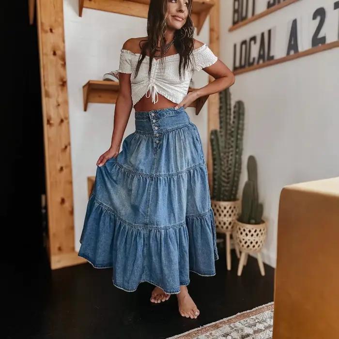 Jupe longue femme vintage en jean superposée style gâteau